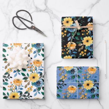 Yellow Daisy Watercolor Flower Pattern Trio Wrapping Paper Sheets by mensgifts at Zazzle