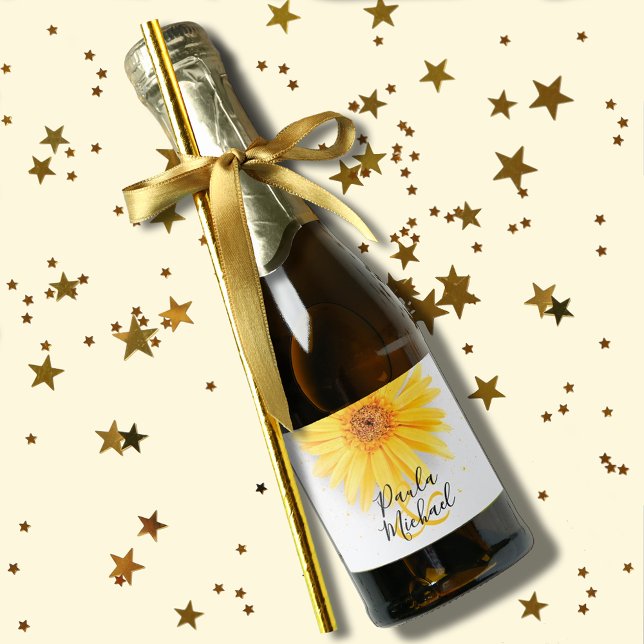 Yellow Daisy Wedding Celebration Mini Sparkling Wine Label (Yellow daisy wedding mini champagne labels for favors or to serve to guests)