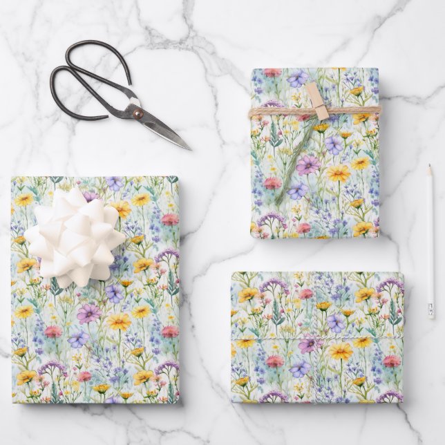 Yellow Daisy Wildflower Floral Pattern Wrapping Paper Sheets (Front)