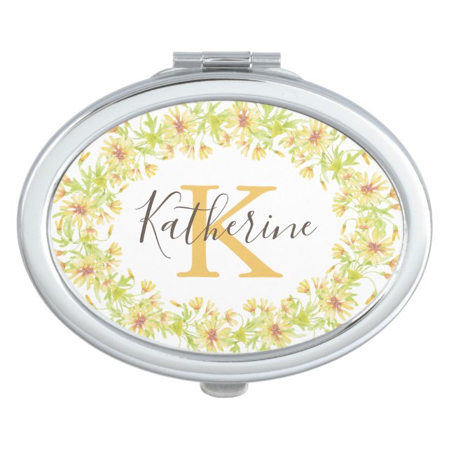 Yellow daisy wreath monogram compact mirror (Front)
