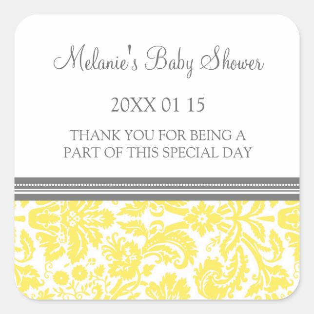 Yellow Damask Baby Shower Favor Stickers (Front)