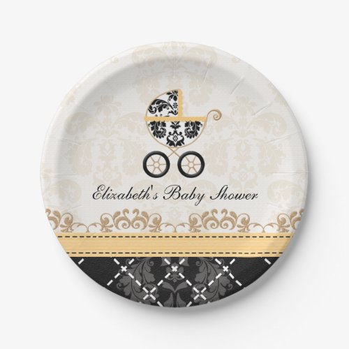 Yellow Damask Carriage Baby Shower Paper Plates