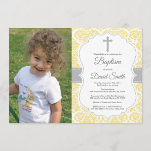 Yellow Damask Cross Baptism Invitation