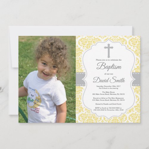 Yellow Damask Cross Baptism Invitation