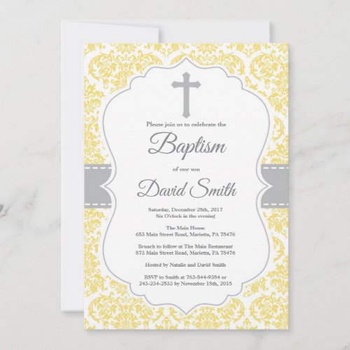 Yellow Damask Cross Baptism Invitation