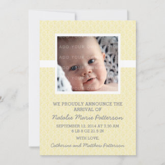 Yellow Damask Frame Photo Baby Announcement