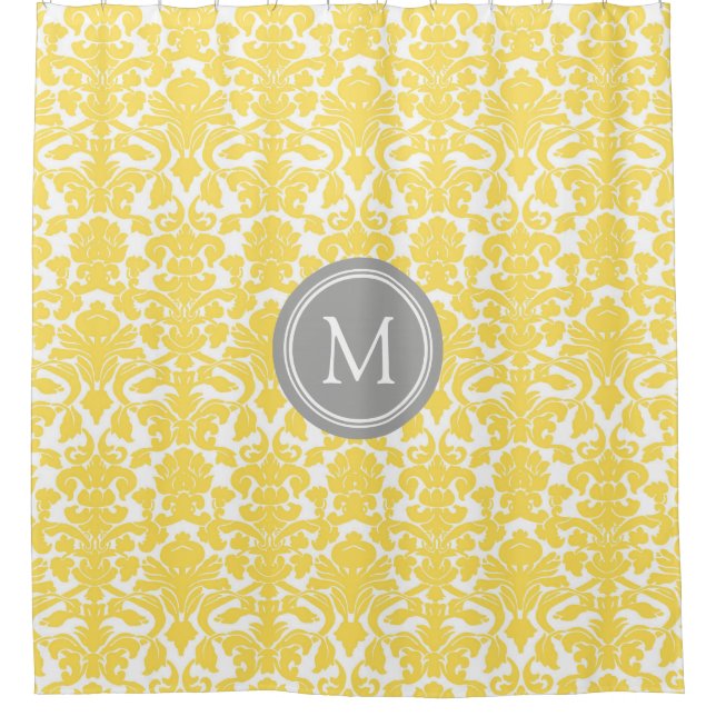 Yellow Damask Grey Monogram Shower Curtain (Front)