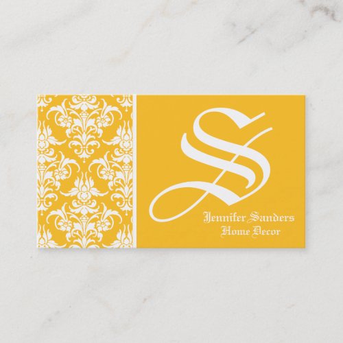 Yellow Damask Modern Monogram Business Card