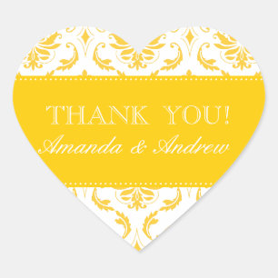 Yellow Damask Personalized Wedding Thank You Heart Sticker