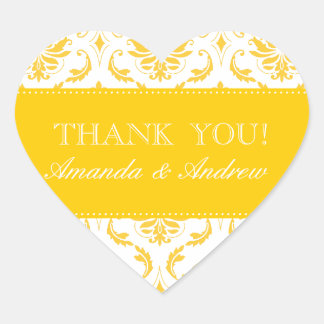 Yellow Damask Personalized Wedding Thank You Heart Sticker
