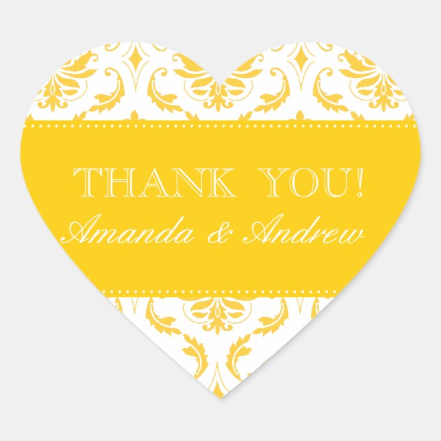 Yellow Damask Personalized Wedding Thank You Heart Sticker (Front)