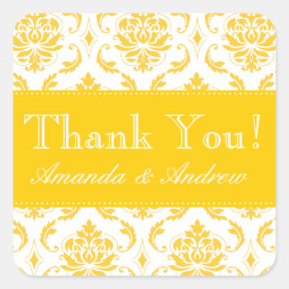 Yellow Damask Personalized Wedding Thank You Square Sticker