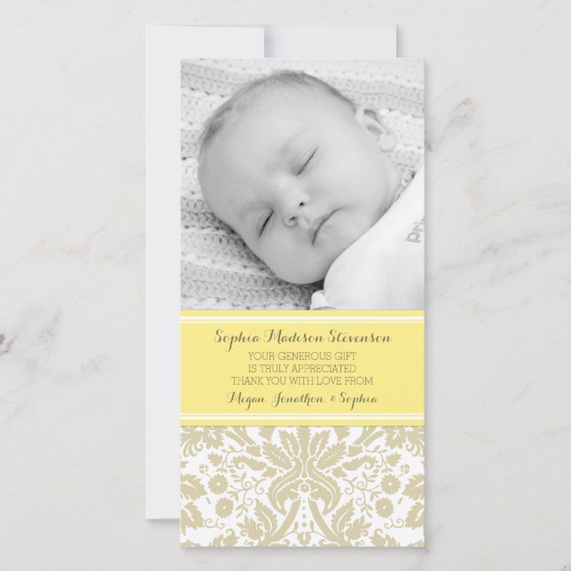 Yellow Damask Thank You Baby Shower Photo Cards (Front)