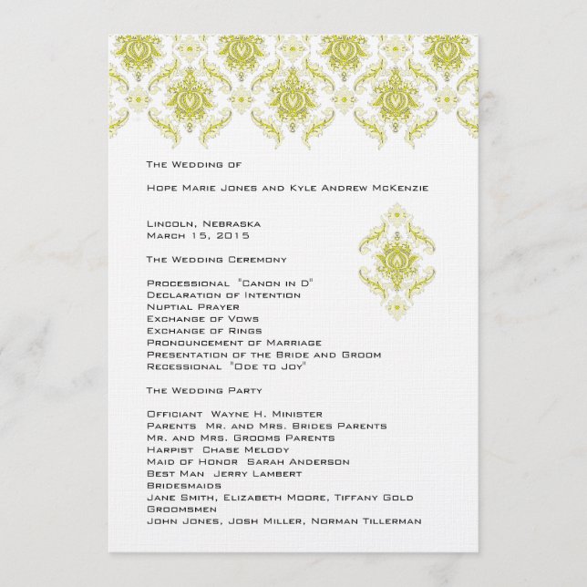 Yellow Damask  Wedding Program (Front)