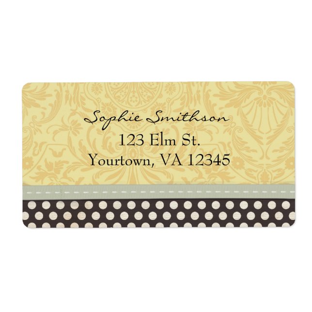 Yellow  Damask with Black and White Polka Dots Label (Front)