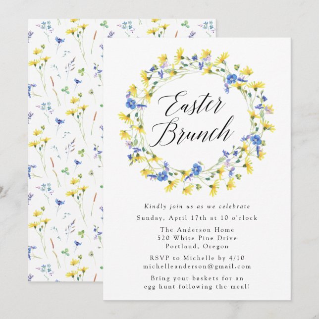 Yellow Dandelions and Blue Floral Easter Brunch Invitation (Front/Back)