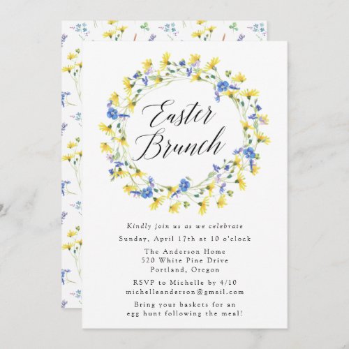 Yellow Dandelions and Blue Floral Easter Brunch Invitation