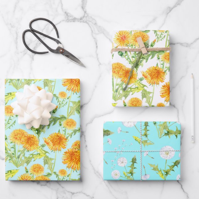 Yellow Dandelions and Dandelion Fluff Wrapping Paper Sheets (Front)