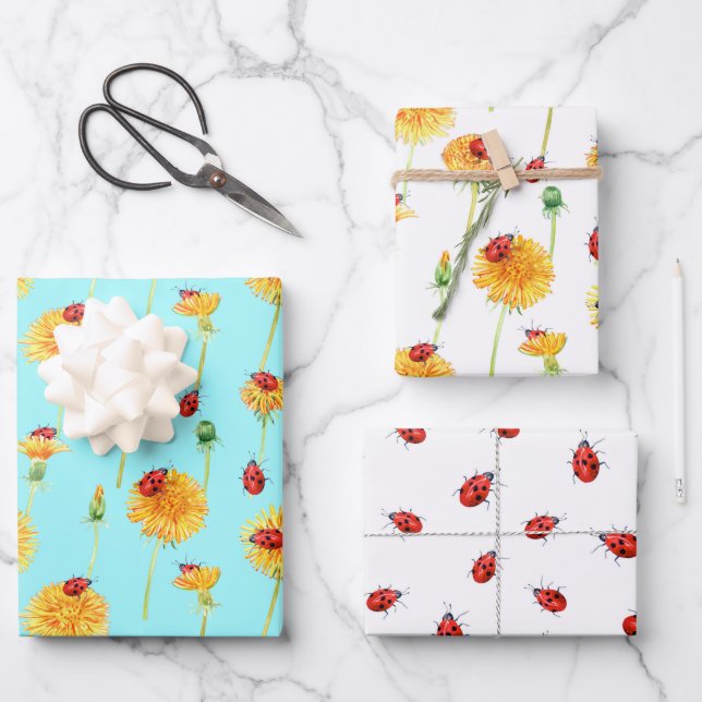 Yellow Dandelions and Red Ladybugs Wrapping Paper Sheets (Front)