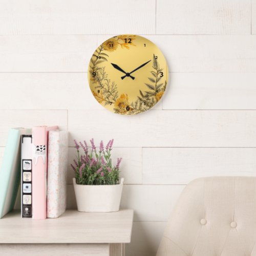Yellow Dandelions Ferns Greenery Country Large Clock