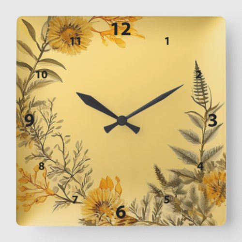 Yellow Dandelions Ferns Greenery Country Square Wall Clock