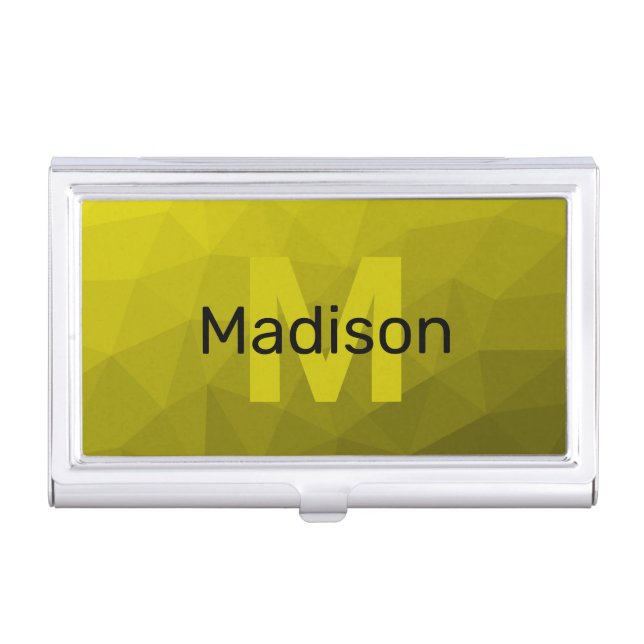Yellow dark ombre geometric mesh pattern Monogram Business Card Case (Front)