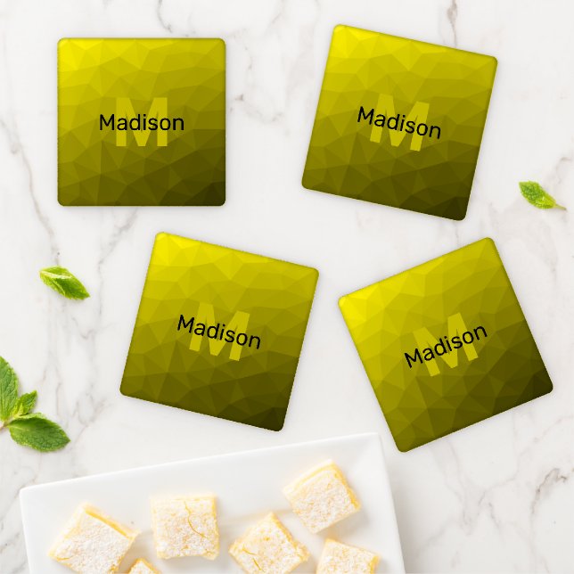 Yellow dark ombre geometric mesh pattern Monogram Coaster Set (In Situ)