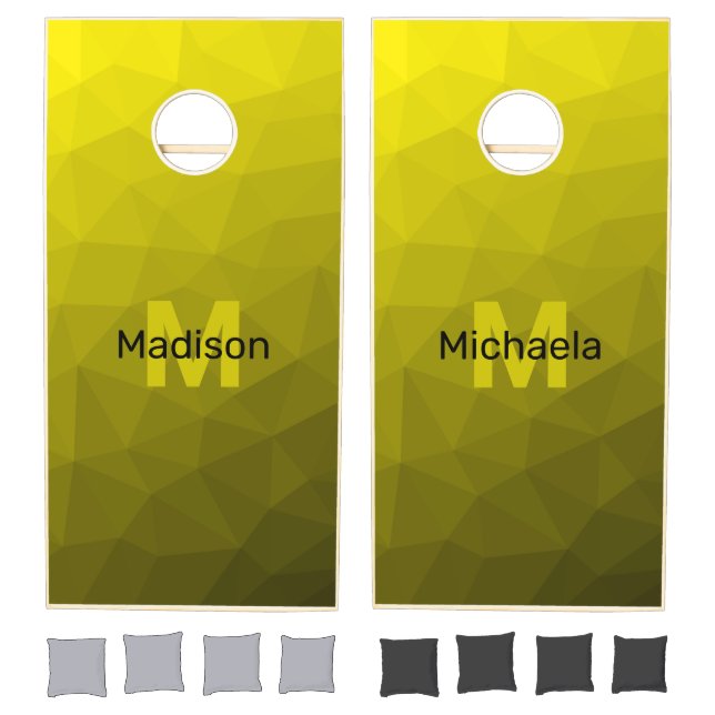 Yellow dark ombre geometric mesh pattern Monogram Cornhole Set (Set)