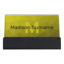 Yellow dark ombre geometric mesh pattern Monogram Desk Business Card Holder