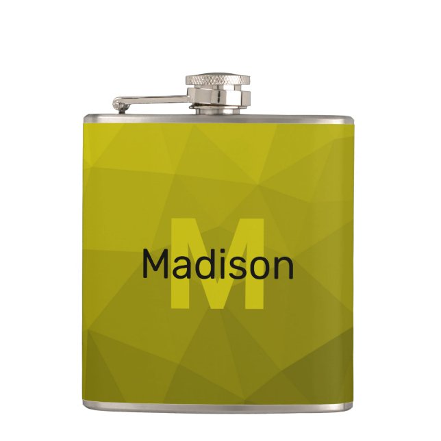 Yellow dark ombre geometric mesh pattern Monogram Flask (Front)