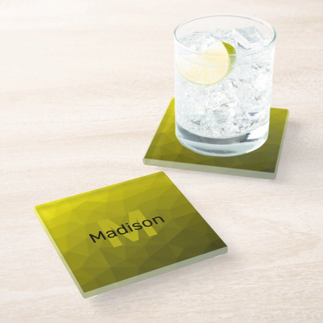Yellow dark ombre geometric mesh pattern Monogram Glass Coaster (Angled)
