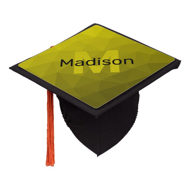 Yellow dark ombre geometric mesh pattern Monogram Graduation Cap Topper (Angled)