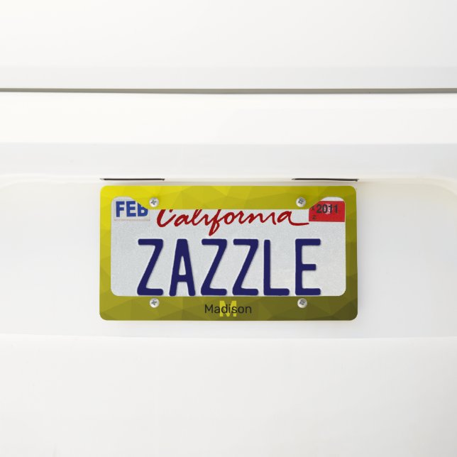 Yellow dark ombre geometric mesh pattern Monogram License Plate Frame (On Car)