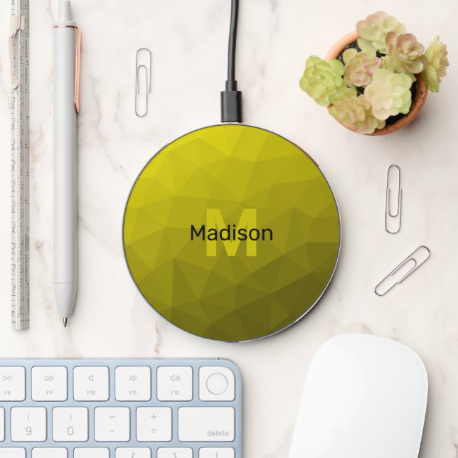 Yellow dark ombre geometric mesh pattern Monogram Wireless Charger (Desk)