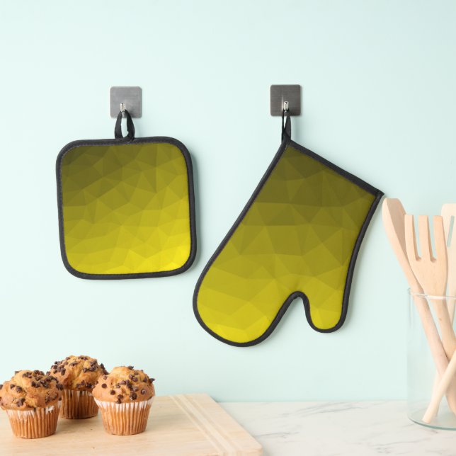 Yellow dark ombre gradient geometric mesh pattern oven mitt & pot holder set (Insitu(Hanging))