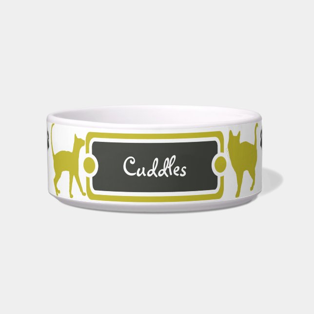 Yellow & Dark Paw Print Kitty Cat Pet Bowl (Front)