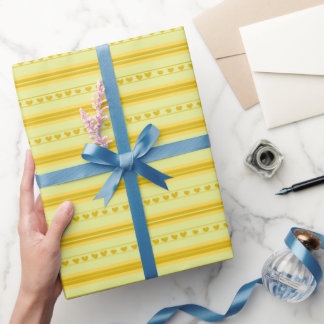 Yellow & Dark Yellow Hearts in Stripes Wrapping Paper