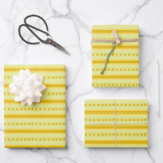 Yellow & Dark Yellow Hearts in Stripes Wrapping Paper Sheets