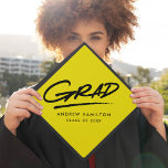 Yellow | Dashed Grad Graduation Cap Topper<br><div class="desc">Personalized graduation cap topper featuring "Grad" in black hand-lettering with a dashed underline with a bright yellow background or color of your choice. Personalize the custom graduation cap topper by adding the graduate's name and graduation year.</div>