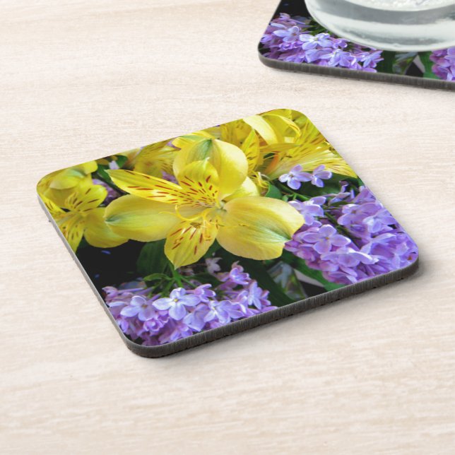 Yellow Daylilies & Purple Lilac Flowers Beverage Coaster (Left Side)