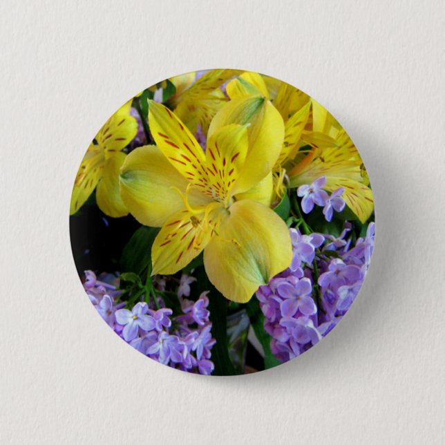 Yellow Daylilies & Purple Lilac Flowers Button (Front)
