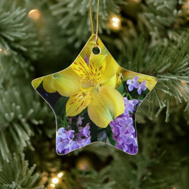 Yellow Daylilies & Purple Lilac Flowers Ceramic Ornament (Tree)