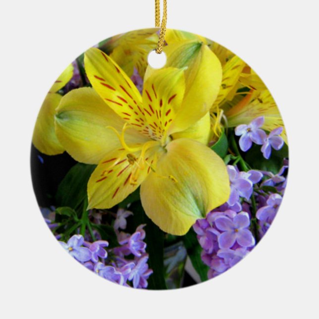 Yellow Daylilies & Purple Lilac Flowers Ceramic Ornament (Front)