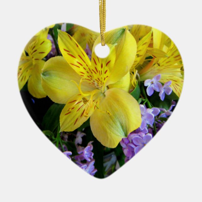 Yellow Daylilies & Purple Lilac Flowers Ceramic Ornament (Front)