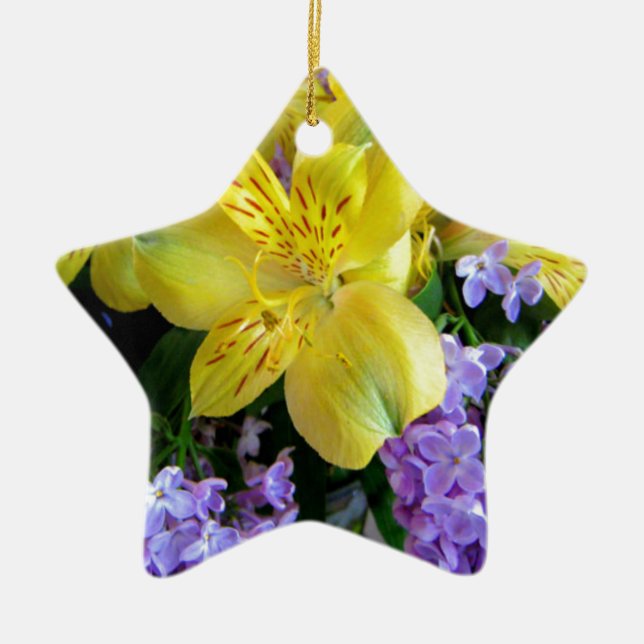 Yellow Daylilies & Purple Lilac Flowers Ceramic Ornament (Front)