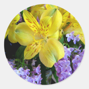 Yellow Daylilies & Purple Lilac Flowers Classic Round Sticker