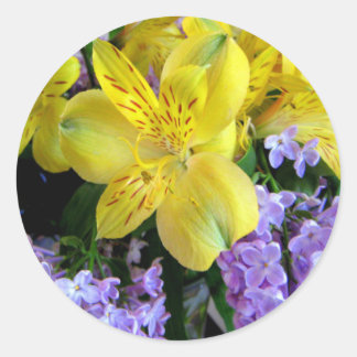 Yellow Daylilies & Purple Lilac Flowers Classic Round Sticker