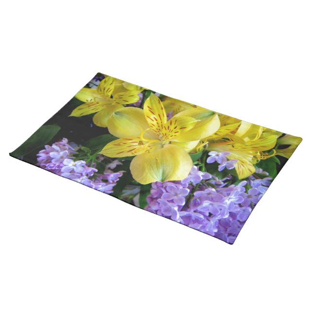 Yellow Daylilies & Purple Lilac Flowers Cloth Placemat (On Table)