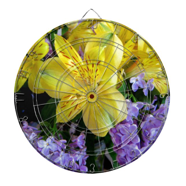 Yellow Daylilies & Purple Lilac Flowers Dartboard With Darts (Front)