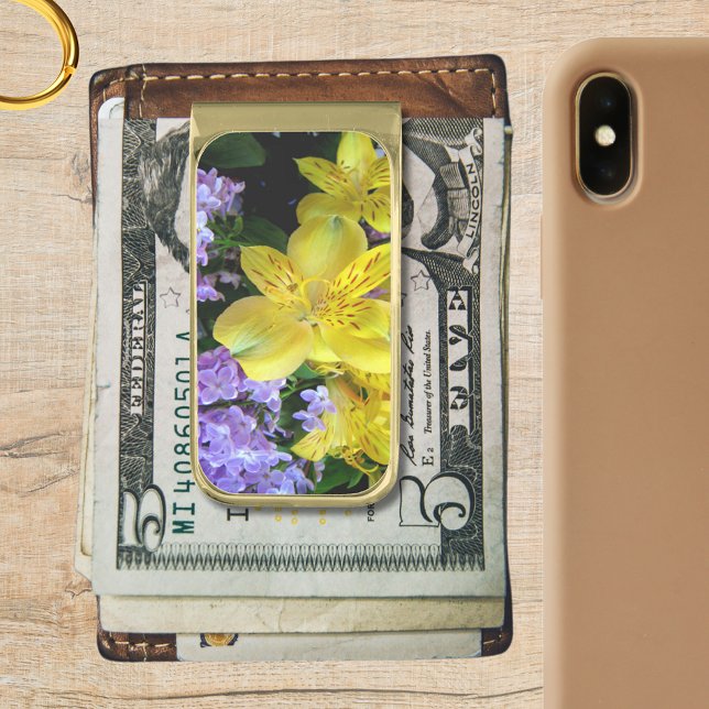 Yellow Daylilies & Purple Lilac Flowers Gold Finish Money Clip (Alstroemeria and Lilac Gold Finish Money Clip)